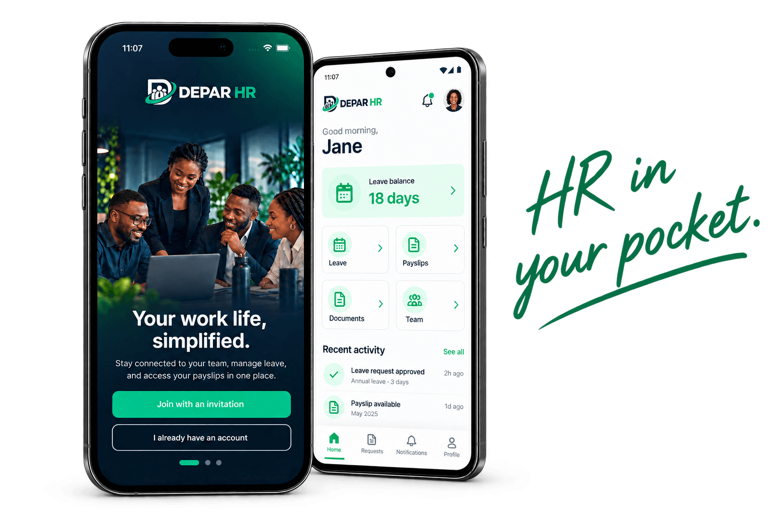 Depar HR mobile app on iPhone and Android